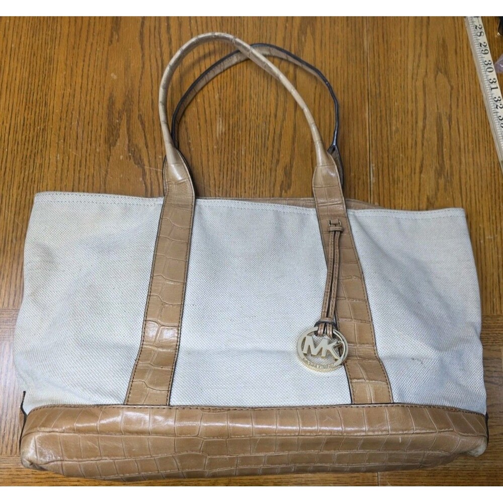 Michael Kors Ivory Canvas With Tan Crocodile Leather XL Tote